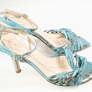 Kate Spade NY Teal Snakeskin Print Metallic Strappy Pumps Heels Size 8 VGUC